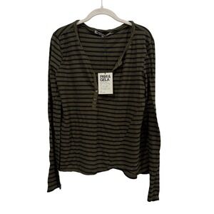 Pam & Gela Mens‎ Olive Black Striped Long Sleeve Henley Tee TS8310 Size M NEW